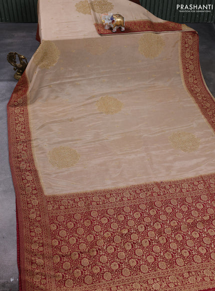 Banarasi semi crepe saree beige and maroon with allover thread & zari woven buttas and woven border