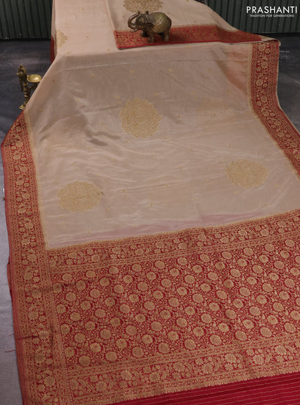 Banarasi semi crepe saree beige and maroon with allover thread & zari woven buttas and woven border