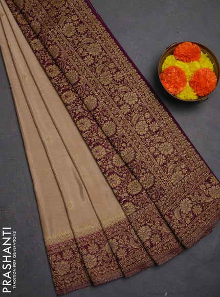 Banarasi semi crepe saree beige and deep purple with allover thread & zari woven buttas and woven border