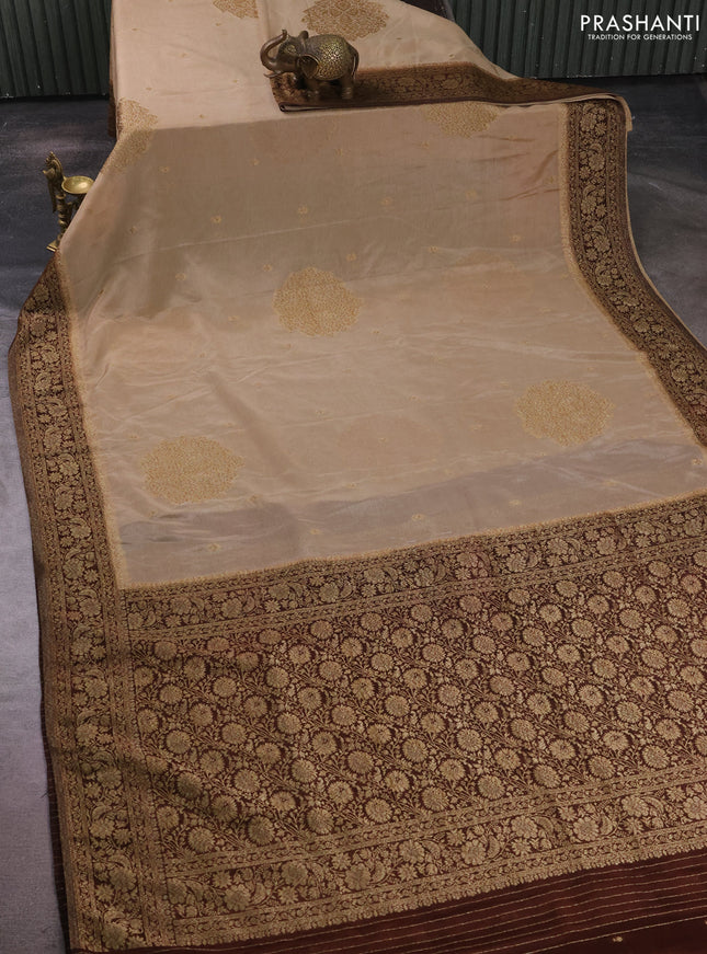Banarasi semi crepe saree beige and coffee brown with allover thread & zari woven buttas and woven border