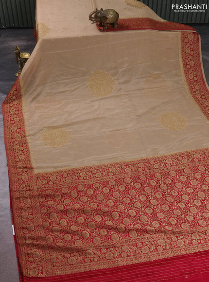 Banarasi semi crepe saree beige and dark pink with allover thread & zari woven buttas and woven border