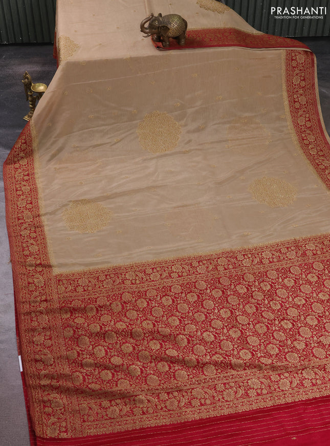 Banarasi semi crepe saree beige and dark pink with allover thread & zari woven buttas and woven border