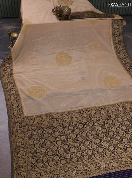 Banarasi semi crepe saree beige and navy blue with allover thread & zari woven buttas and woven border