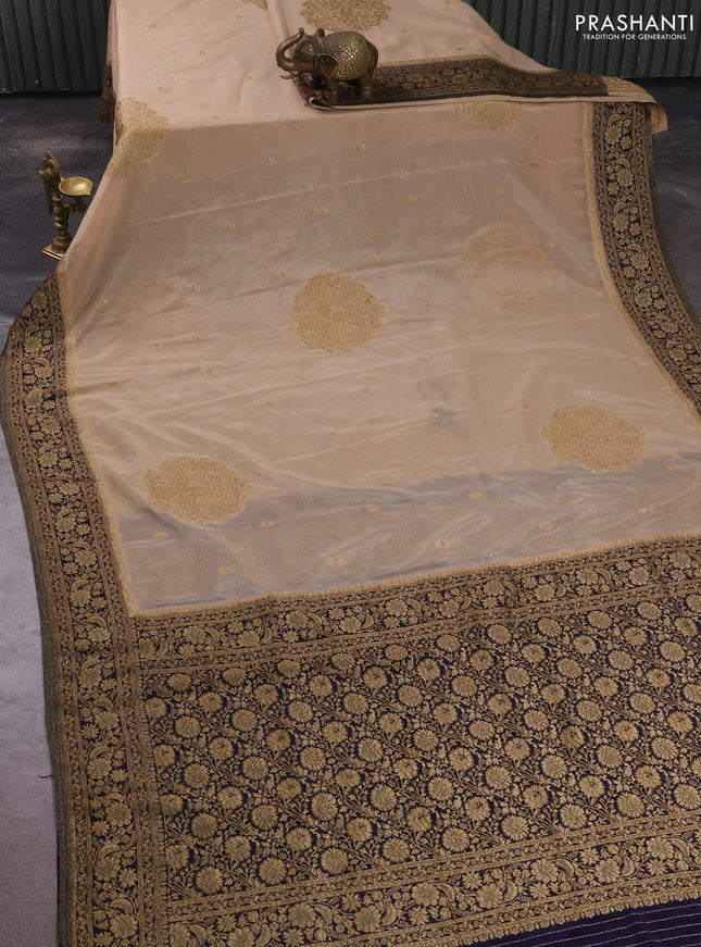 Banarasi semi crepe saree beige and navy blue with allover thread & zari woven buttas and woven border