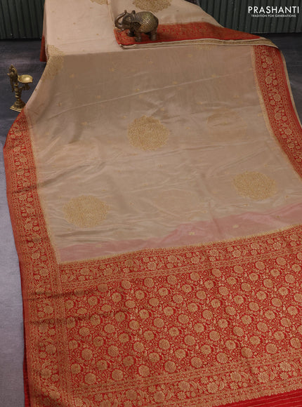 Banarasi semi crepe saree beige and red with allover thread & zari woven buttas and woven border