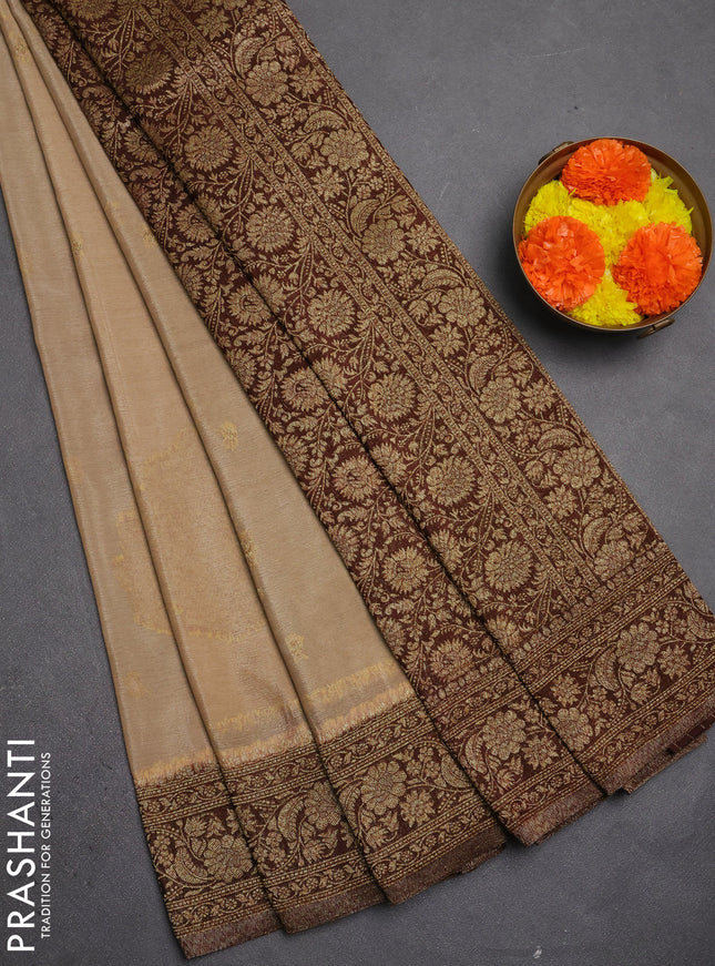 Banarasi semi crepe saree beige and brown with allover thread & zari woven buttas and woven border