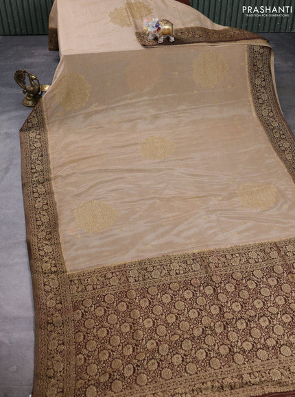 Banarasi semi crepe saree beige and brown with allover thread & zari woven buttas and woven border