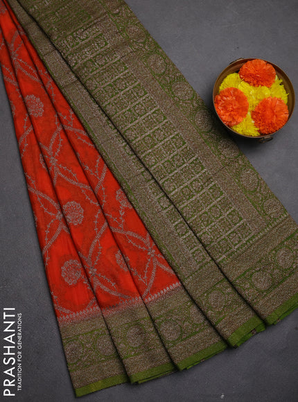 Banarasi semi crepe saree orange and mehendi green with allover thread & zari weaves and woven border