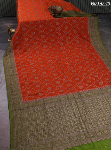 Banarasi semi crepe saree orange and mehendi green with allover thread & zari weaves and woven border