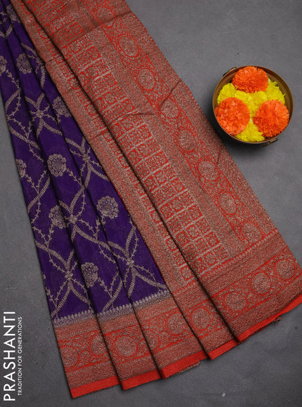 Banarasi semi crepe saree violet and orange with allover thread & zari weaves and woven border