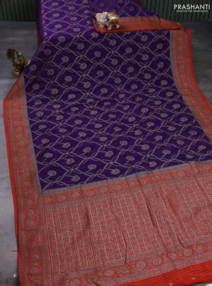Banarasi semi crepe saree violet and orange with allover thread & zari weaves and woven border
