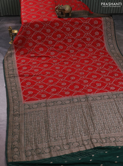 Banarasi semi crepe saree red and bottle green with allover thread & zari weaves and woven border
