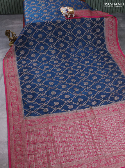 Banarasi semi crepe saree peacock blue and pink with allover thread & zari weaves and woven border