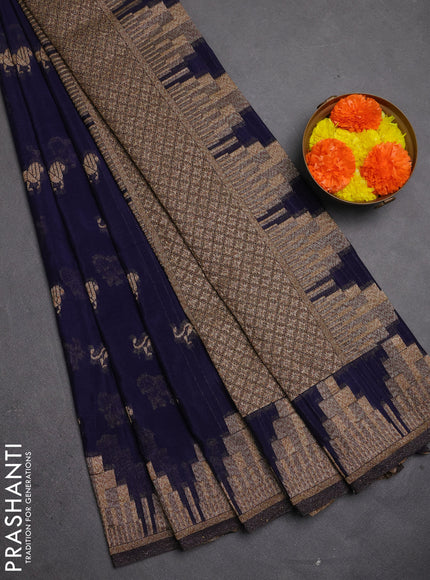 Banarasi semi crepe saree navy blue with allover thread & zari woven buttas and temple woven border