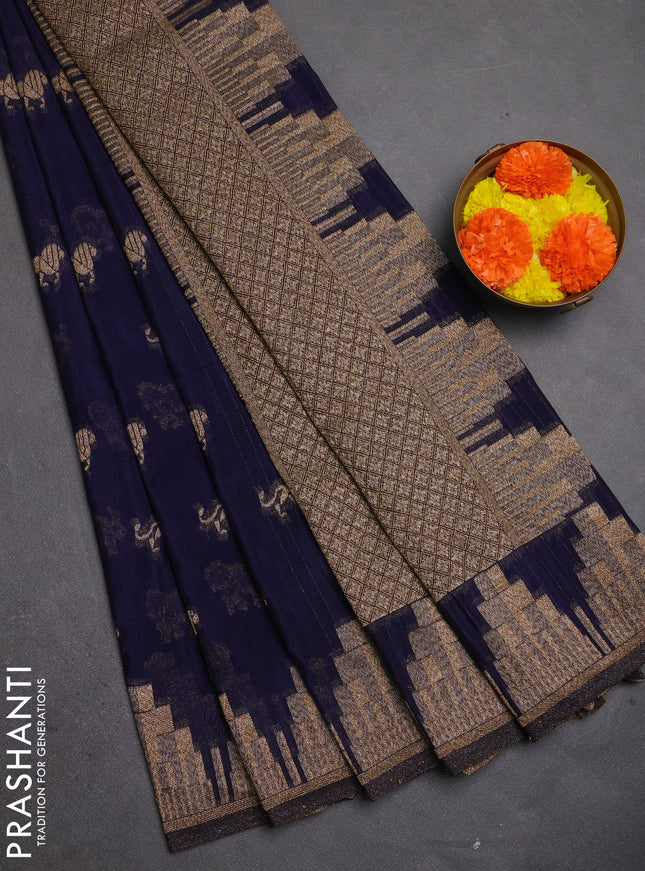 Banarasi semi crepe saree navy blue with allover thread & zari woven buttas and temple woven border