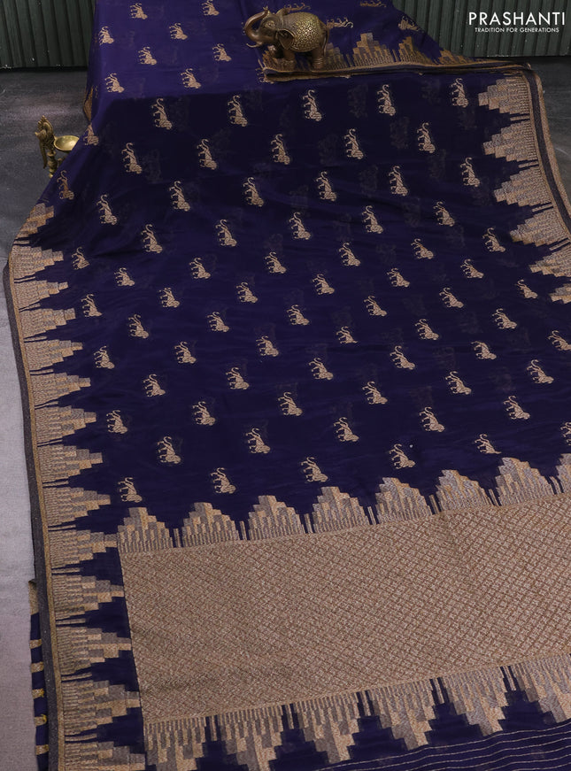 Banarasi semi crepe saree navy blue with allover thread & zari woven buttas and temple woven border
