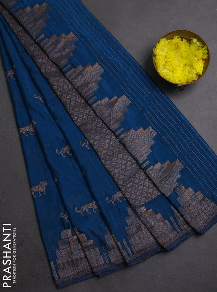 Banarasi semi crepe saree peacock blue shade with allover thread & zari woven buttas and temple woven border