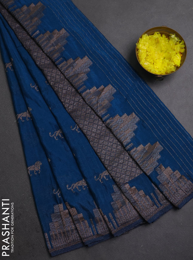 Banarasi semi crepe saree peacock blue shade with allover thread & zari woven buttas and temple woven border