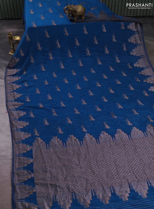 Banarasi semi crepe saree peacock blue shade with allover thread & zari woven buttas and temple woven border