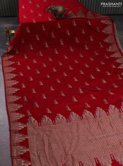 Banarasi semi crepe saree red with allover thread & zari woven buttas and temple woven border