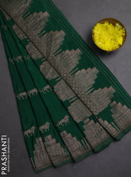 Banarasi semi crepe saree bottle green with allover thread & zari woven buttas and temple woven border
