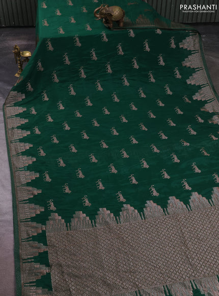 Banarasi semi crepe saree bottle green with allover thread & zari woven buttas and temple woven border