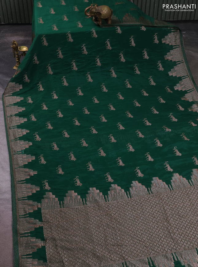 Banarasi semi crepe saree bottle green with allover thread & zari woven buttas and temple woven border