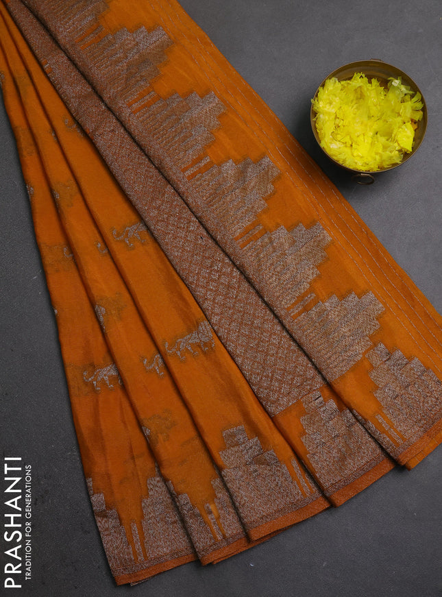 Banarasi semi crepe saree dark mustard with allover thread & zari woven buttas and temple woven border