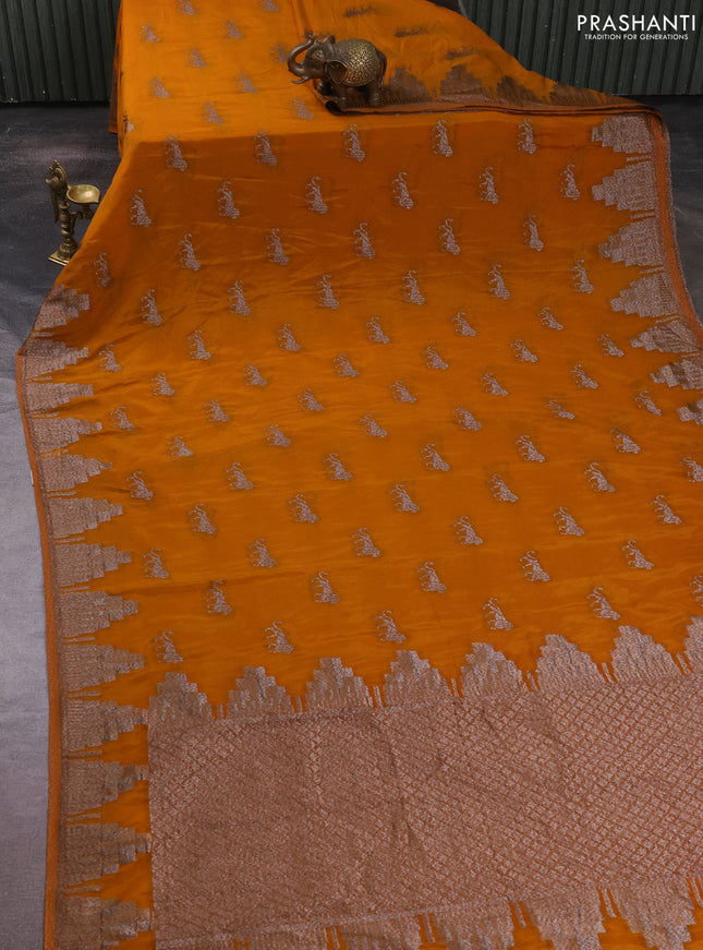 Banarasi semi crepe saree dark mustard with allover thread & zari woven buttas and temple woven border