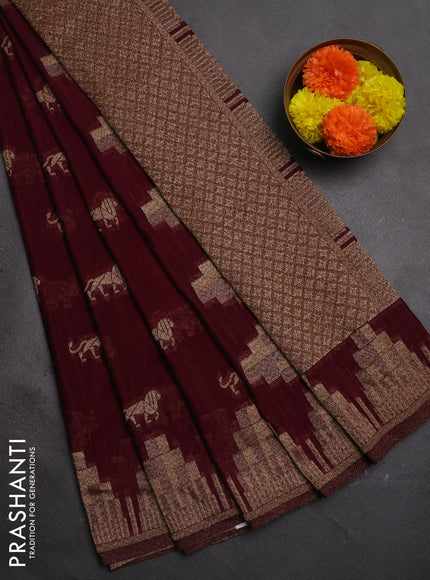 Banarasi semi crepe saree wine shade with allover thread & zari woven buttas and temple woven border