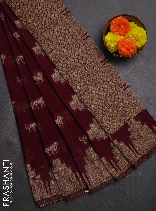 Banarasi semi crepe saree wine shade with allover thread & zari woven buttas and temple woven border