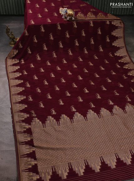 Banarasi semi crepe saree wine shade with allover thread & zari woven buttas and temple woven border
