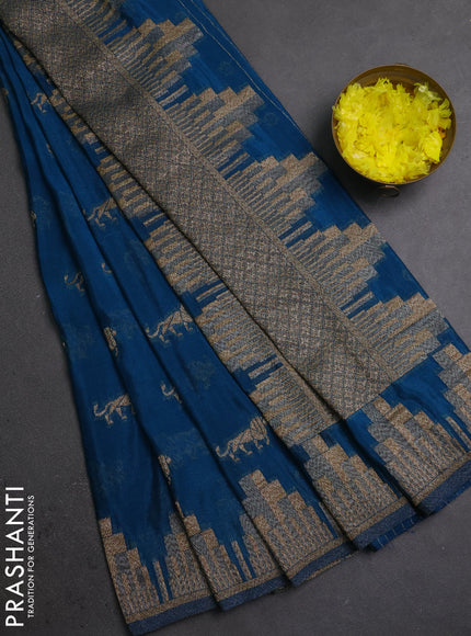 Banarasi semi crepe saree peacock blue with allover thread & zari woven buttas and temple woven border