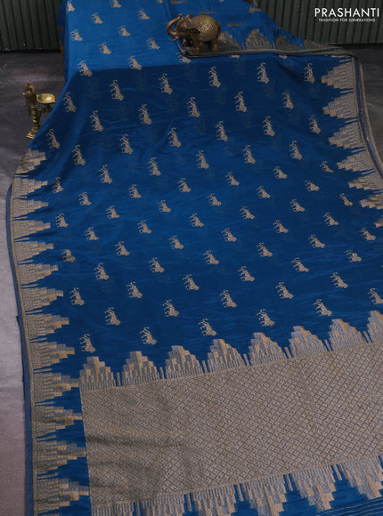 Banarasi semi crepe saree peacock blue with allover thread & zari woven buttas and temple woven border