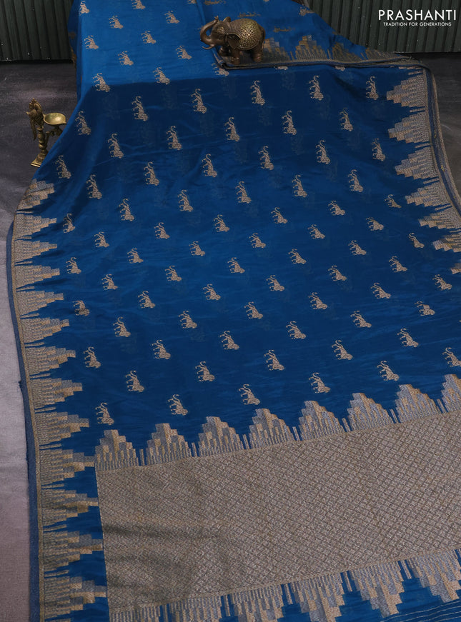 Banarasi semi crepe saree peacock blue with allover thread & zari woven buttas and temple woven border