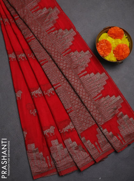 Banarasi semi crepe saree red with allover thread & zari woven buttas and temple woven border