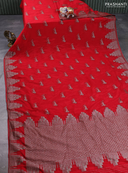 Banarasi semi crepe saree red with allover thread & zari woven buttas and temple woven border