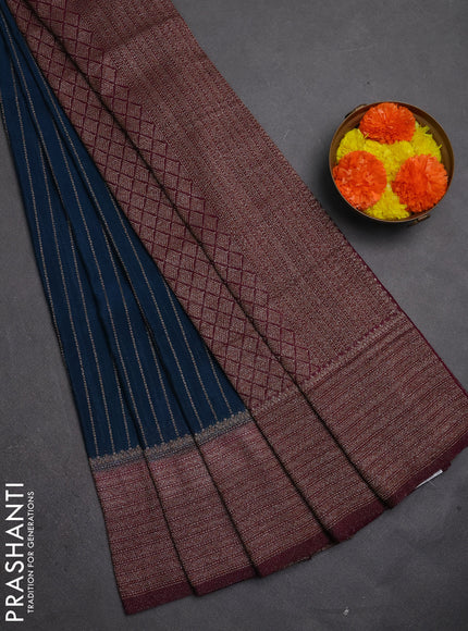 Banarasi semi crepe saree peacock blue and deep wine with allover thread & zari weaves and woven border