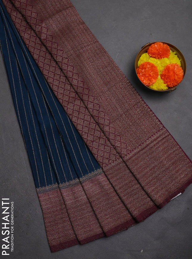 Banarasi semi crepe saree peacock blue and deep wine with allover thread & zari weaves and woven border