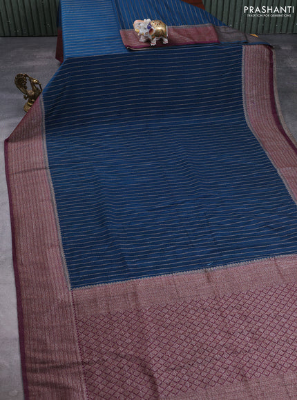 Banarasi semi crepe saree peacock blue and deep wine with allover thread & zari weaves and woven border