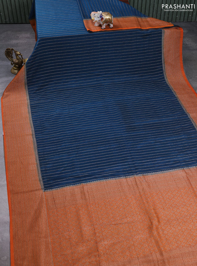 Banarasi semi crepe saree peacock blue and rust shade with allover thread & zari weaves and woven border