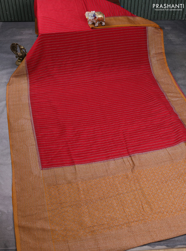 Banarasi semi crepe saree red and dark mustard with allover thread & zari weaves and woven border