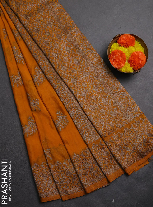 Banarasi semi crepe saree mustard yellow with allover thread & zari woven buttas and woven border