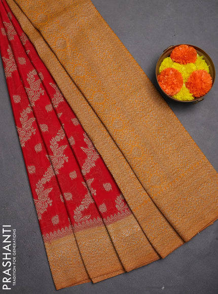 Banarasi semi crepe saree red and dark mustard with allover thread & zari weaves and woven border
