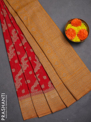 Banarasi semi crepe saree red and dark mustard with allover thread & zari weaves and woven border