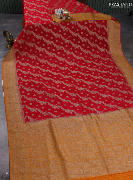 Banarasi semi crepe saree red and dark mustard with allover thread & zari weaves and woven border