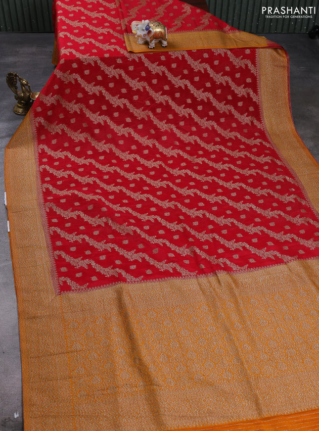 Banarasi semi crepe saree red and dark mustard with allover thread & zari weaves and woven border