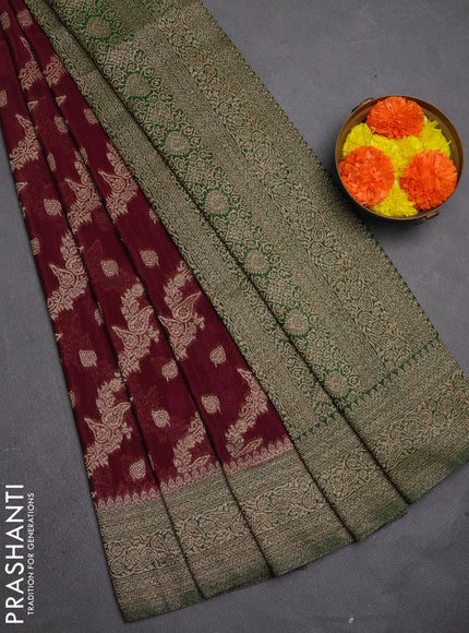 Banarasi semi crepe saree deep wine and bottle green with allover thread & zari weaves and woven border