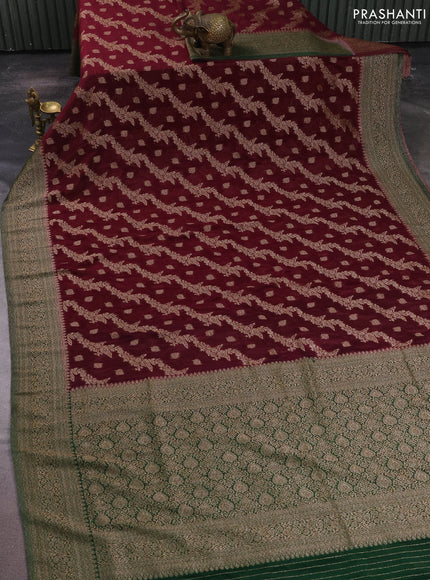 Banarasi semi crepe saree deep wine and bottle green with allover thread & zari weaves and woven border