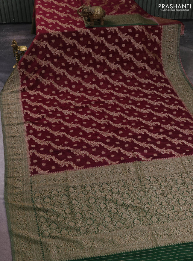 Banarasi semi crepe saree deep wine and bottle green with allover thread & zari weaves and woven border